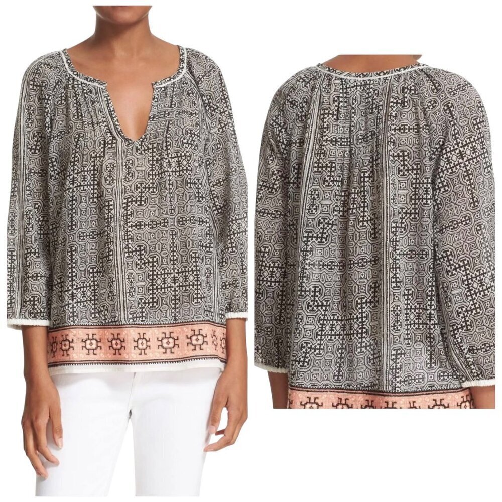 Joie Cherree Split Neck Boho Cotton Top XXS Black White Pink Print